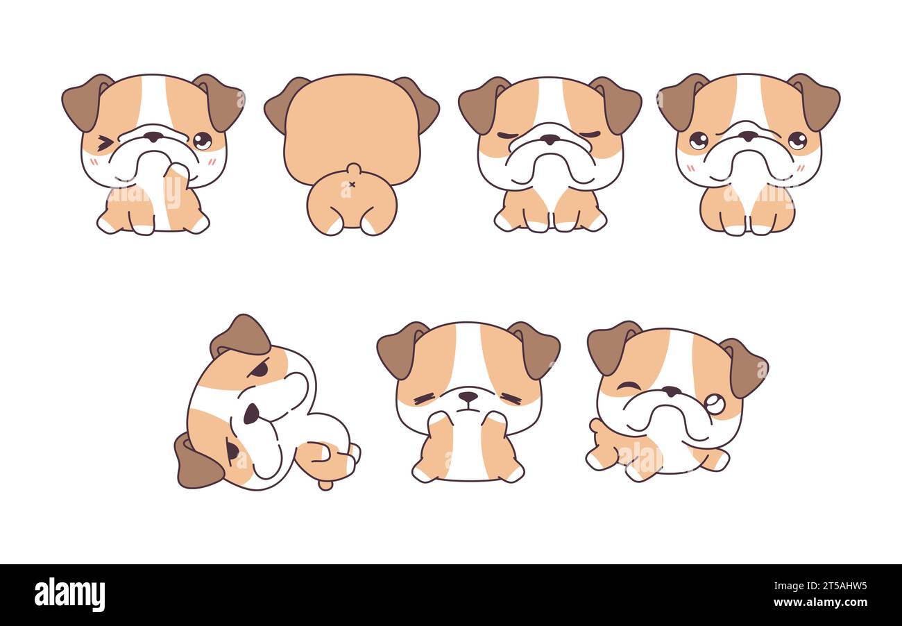 Collection of Vector Cartoon Bulldog Dog Art. Set of Kawaii Isolated Pet Illustrations for Prints for Clothes, Stickers, Baby Shower, Coloring Pages Stock Vector