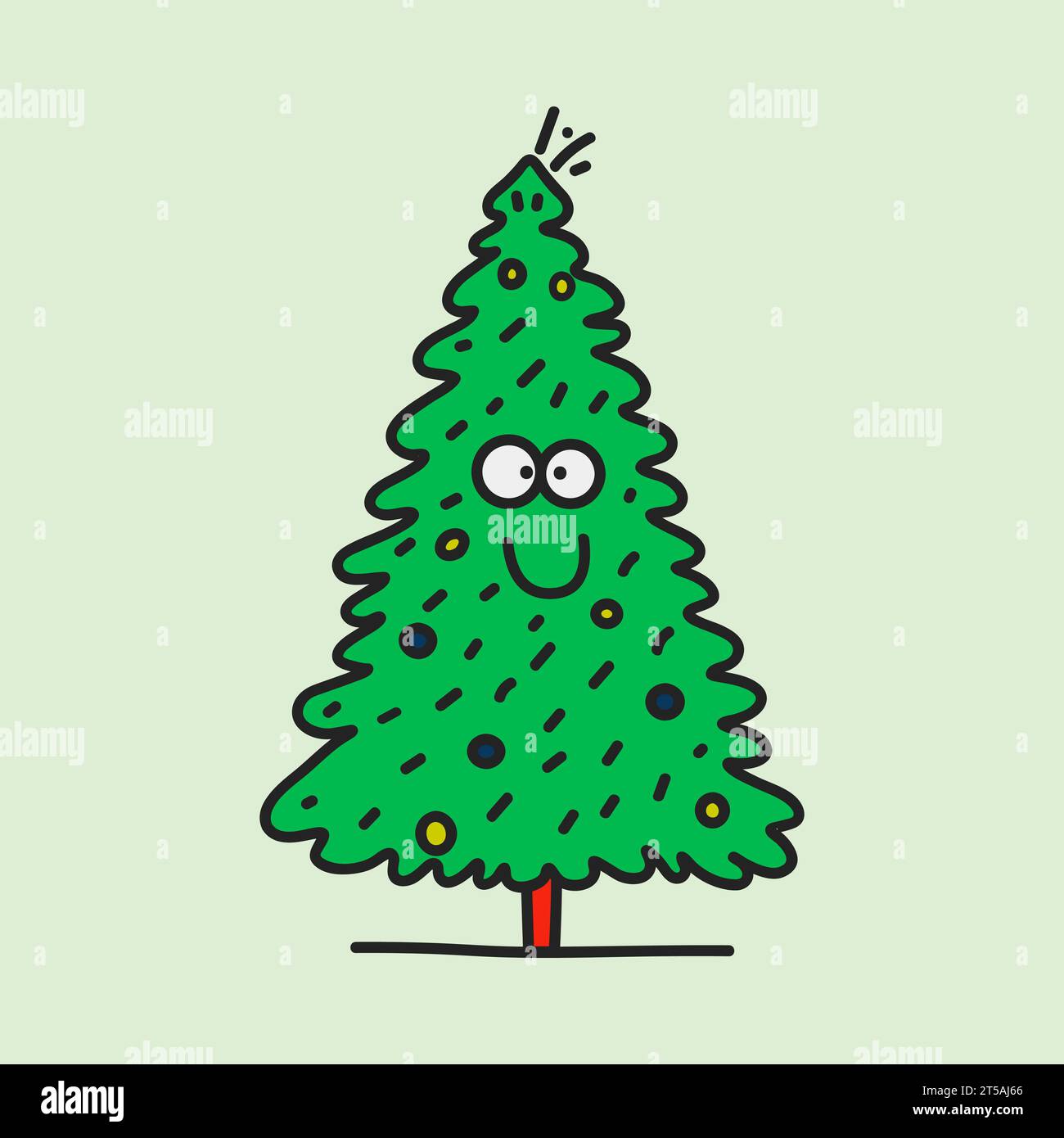 Funny cartoon Christmas tree isolated on green background. Vector character with smiling faces