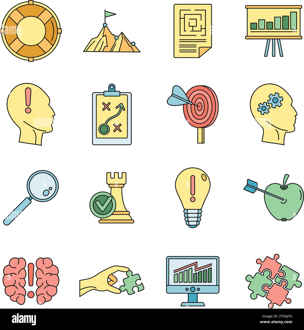 Problem solution icon set. Outline set of problem solution vector icons thin line color flat on white Stock Vector
