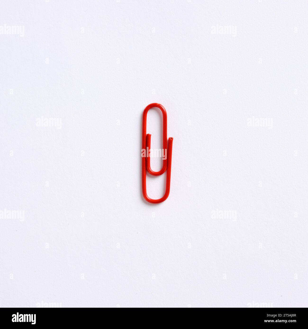 Red paper clip on white background with copy space. Stock Photo