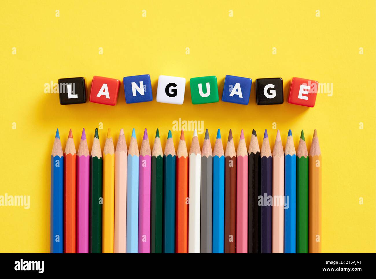 Language learning concept. The word language on colorful cubes with crayons. Stock Photo