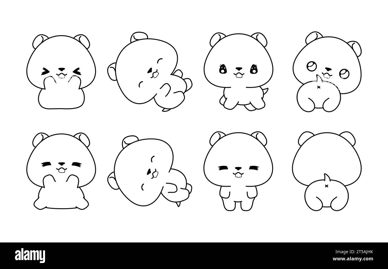 Set of Kawaii Isolated Hamster Coloring Page. Collection of Cute Vector ...