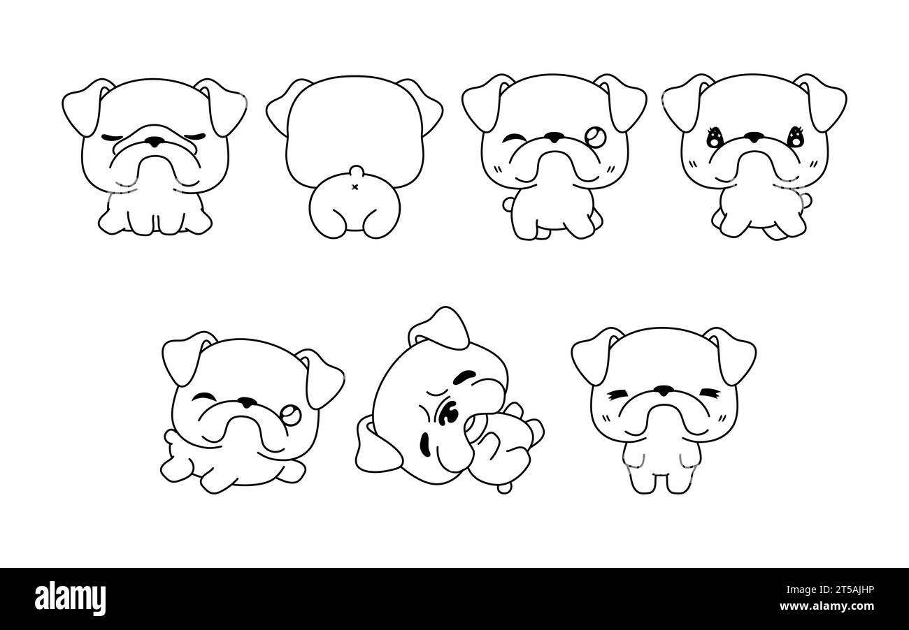 Collection of Vector Cartoon Bulldog Dog Coloring Page. Set of Kawaii Isolated Pet Outline for Stickers, Baby Shower, Coloring Book, Prints for Stock Vector