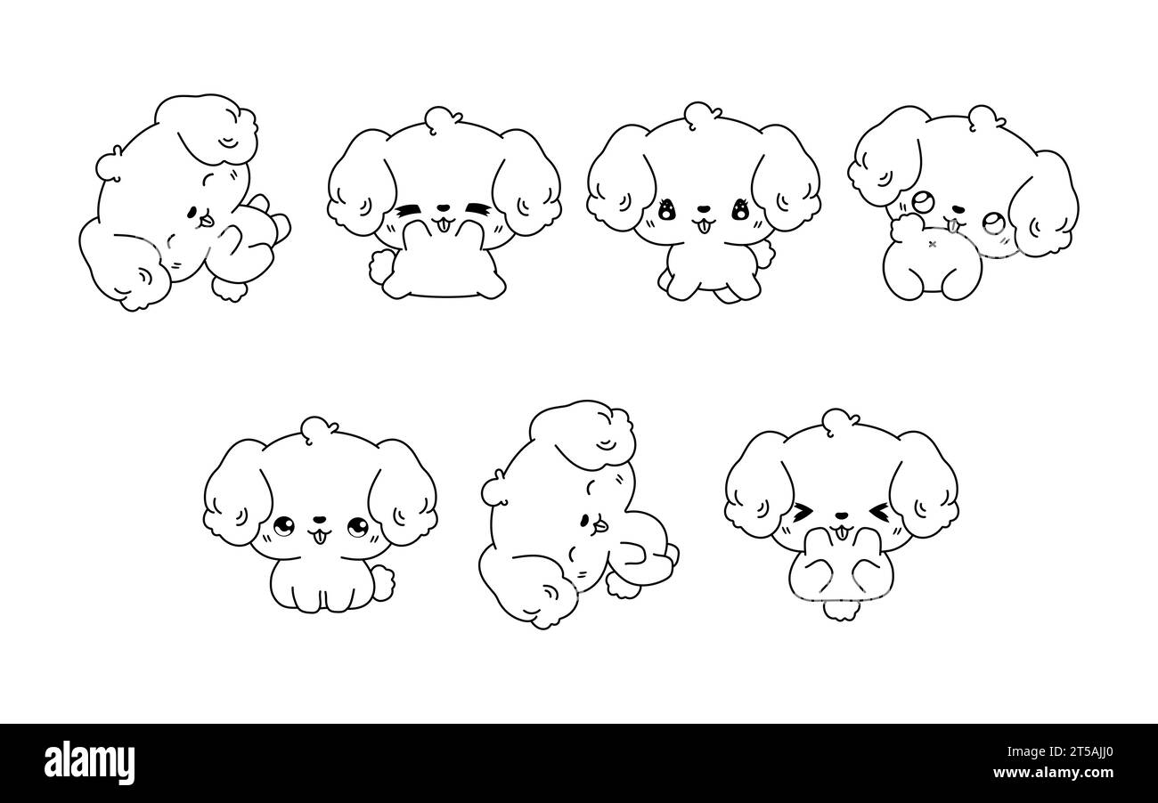 Collection of Vector Cartoon Bichon Frise Dog Coloring Page. Set of Kawaii Isolated Puppy Outline for Stickers, Baby Shower, Coloring Book, Prints for Stock Vector