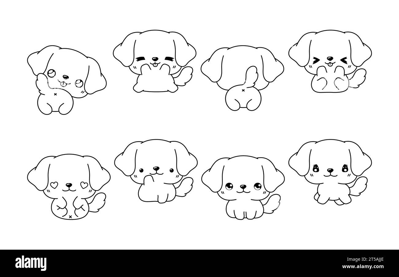 Set of Kawaii Isolated Labrador Retriever Dog Coloring Page. Collection of Cute Vector Cartoon Dog Outline for Stickers, Baby Shower, Coloring Book Stock Vector