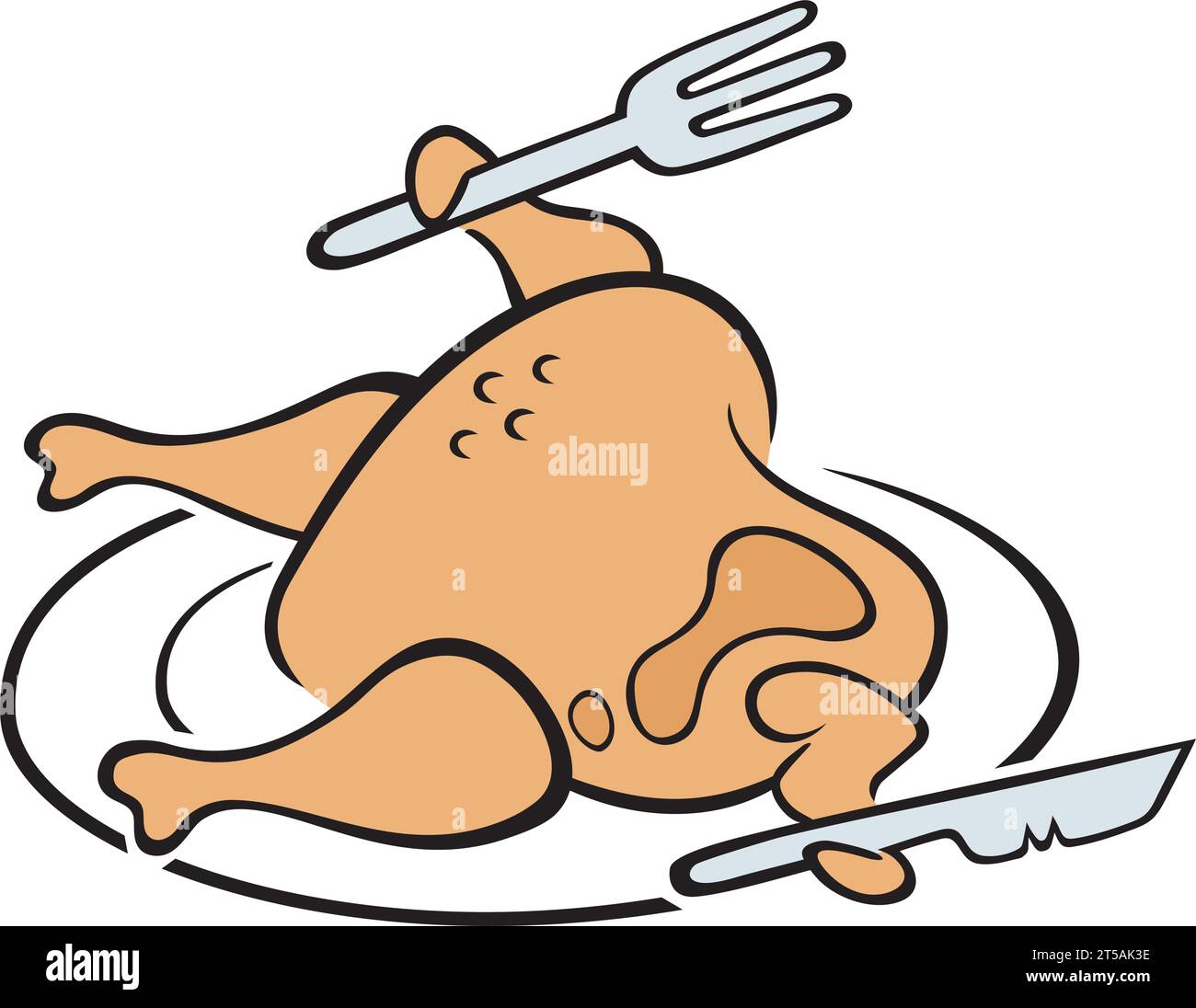 Roast chicken on the plate with knife and fork Stock Vector