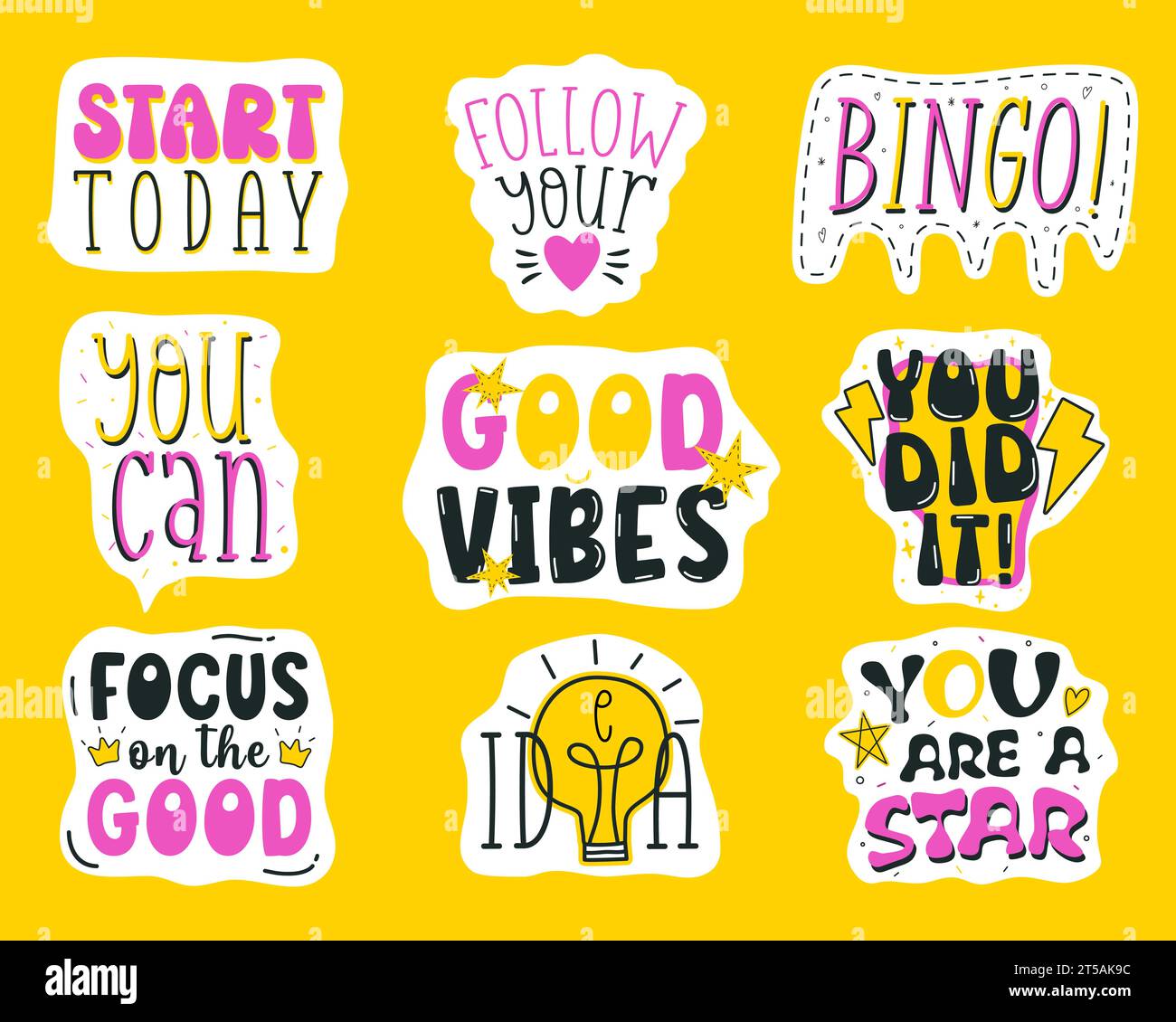 Motivational stickers set. Cute positive badges, lettering, doodle quotes,  stickers. vector. Inspirational quotes. Be yourself, let it be etc. Vector  illustration Stock Vector
