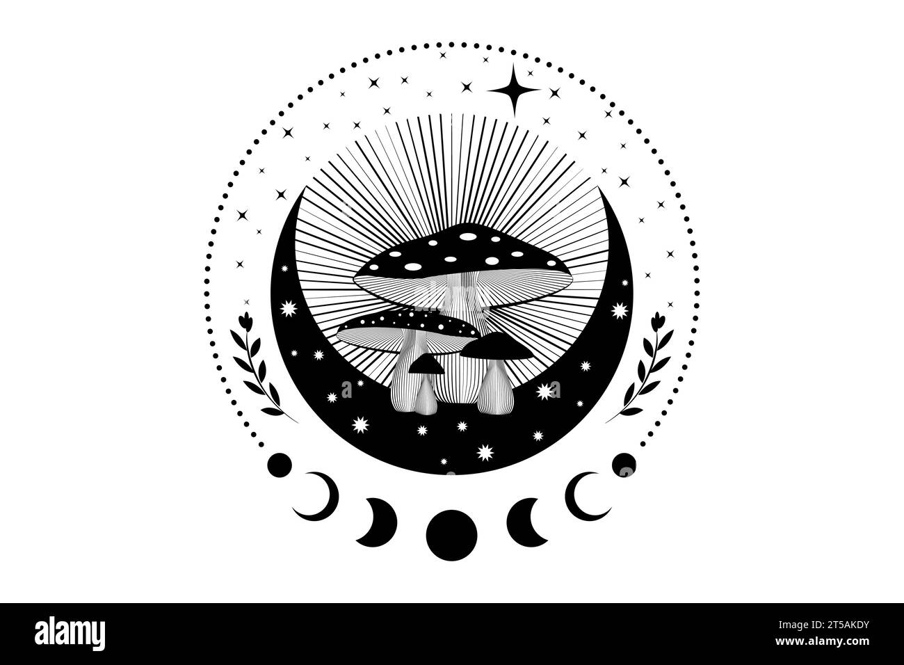 Shamanic magic mushrooms, Mystical Amanita Muscaria with moon phases and stars. Witchcraft crescent moon symbol, witchy esoteric fungus logo tattoo Stock Vector