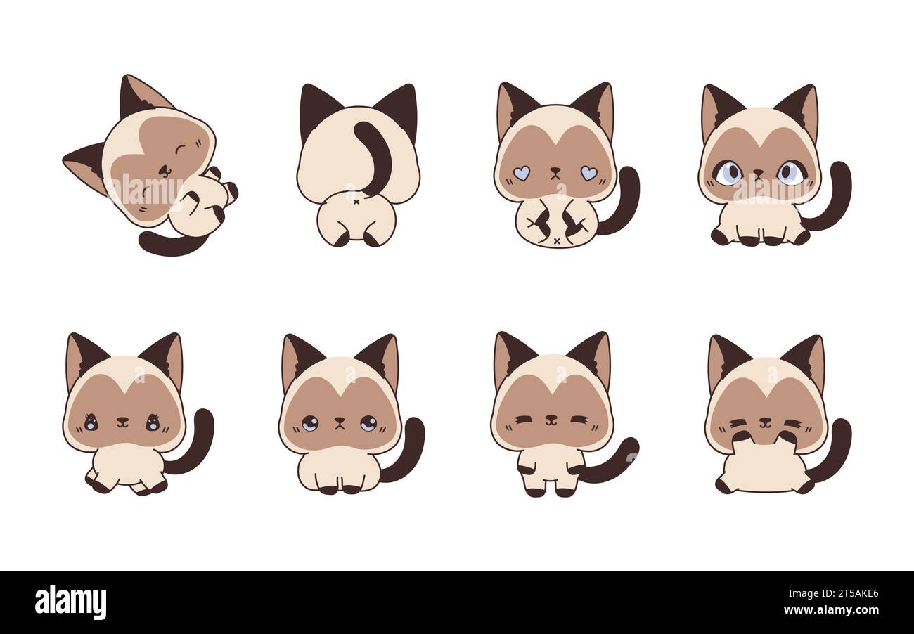 Set of Kawaii Isolated Siamese Cat. Collection of Vector Cartoon Kitten Illustrations for Stickers, Baby Shower, Coloring Pages, Prints for Clothes Stock Vector