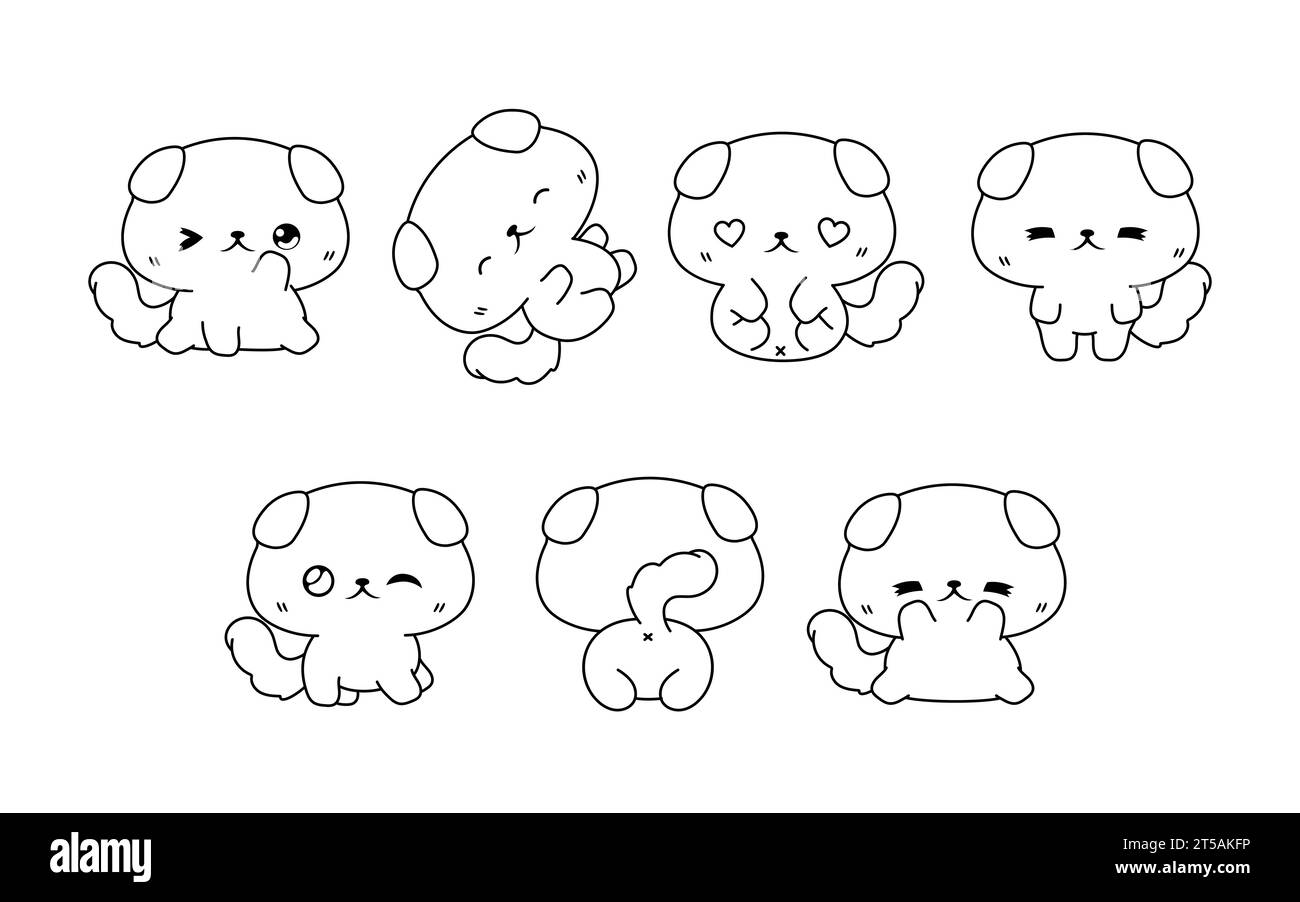 Collection of Vector Cartoon British Shorthair Kitty Coloring Page. Set of Kawaii Isolated Baby Animal Outline for Stickers, Baby Shower, Coloring Stock Vector