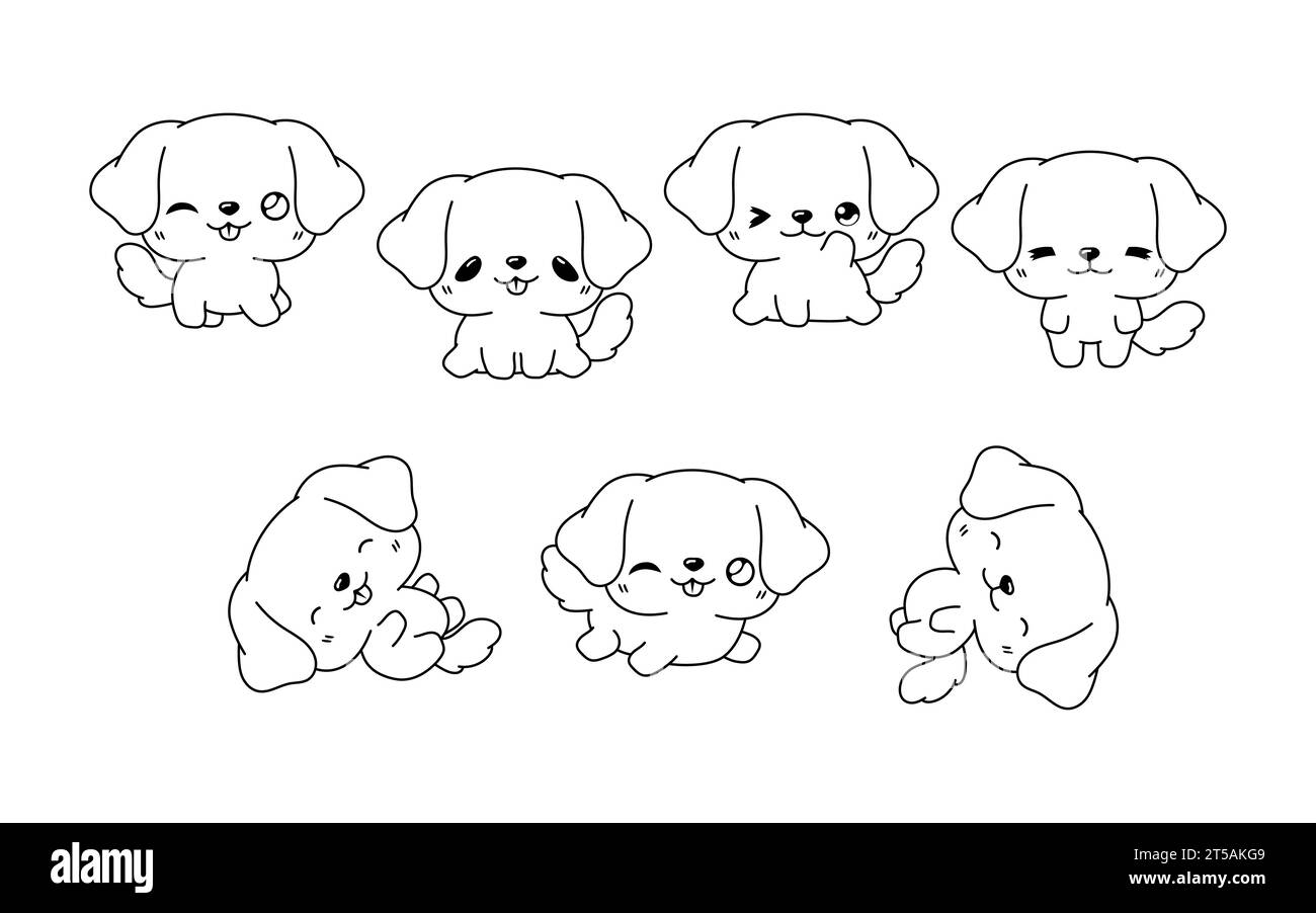 Collection of Vector Cartoon Labrador Retriever Dog Coloring Page. Set of Kawaii Isolated Dog Outline for Stickers, Baby Shower, Coloring Book, Prints Stock Vector