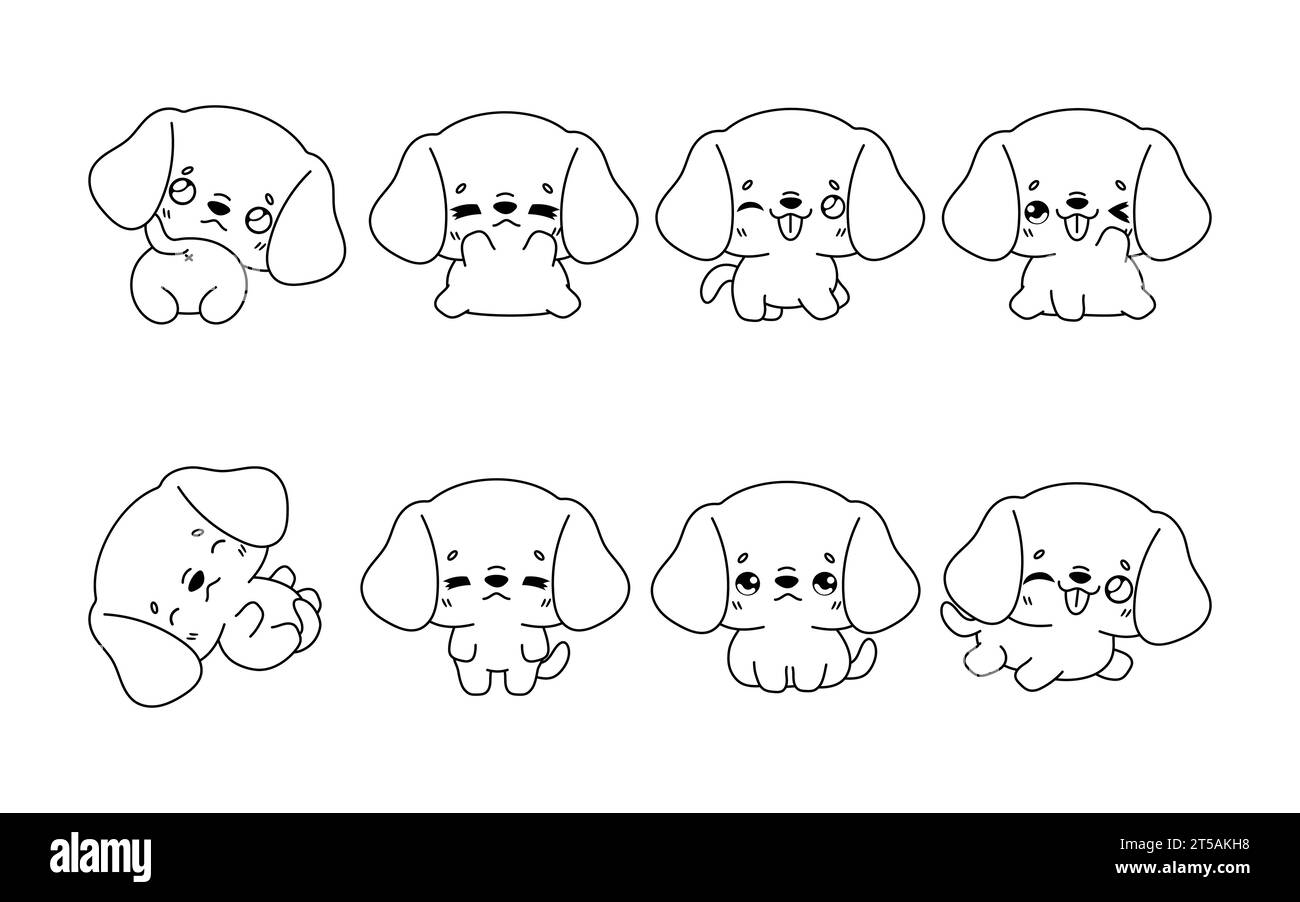Set of Kawaii Isolated Beagle Dog Coloring Page. Collection of Cute Vector Cartoon Animal Outline for Stickers, Baby Shower, Coloring Book, Prints for Stock Vector