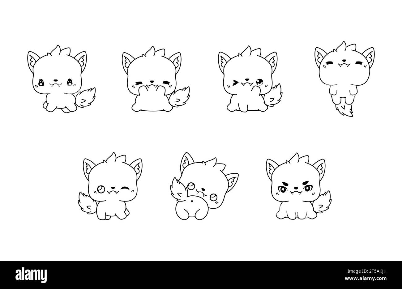 Collection of Vector Cartoon Wolf Coloring Page. Set of Kawaii Isolated Animal Outline for Stickers, Baby Shower, Coloring Book, Prints for Clothes Stock Vector