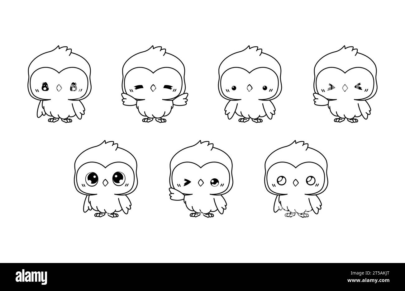Collection of Vector Cartoon Owl Coloring Page. Set of Kawaii Isolated Animal Outline for Stickers, Baby Shower, Coloring Book, Prints for Clothes Stock Vector