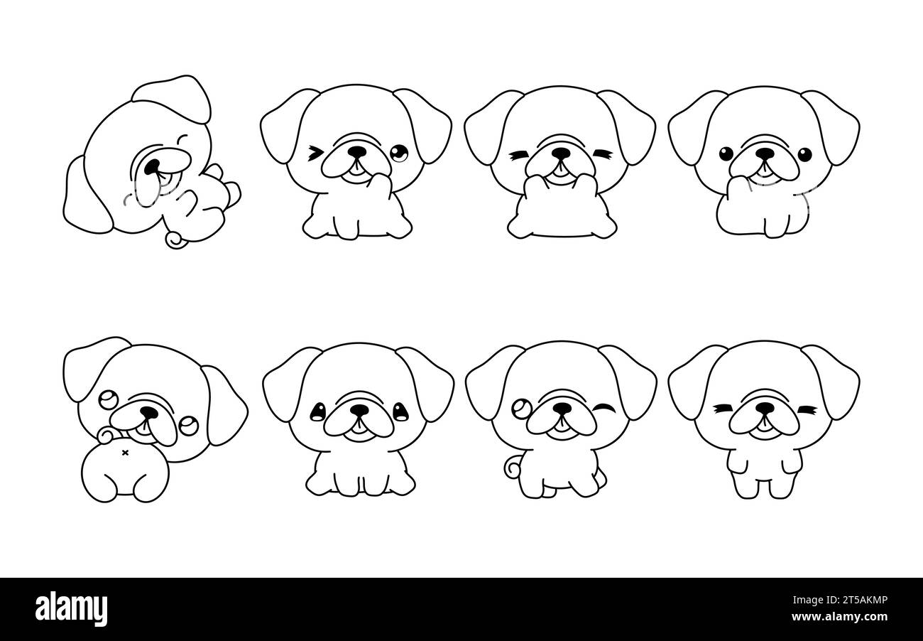 Set of Kawaii Isolated Pug Dog Coloring Page. Collection of Cute Vector Cartoon Puppy Outline for Stickers, Baby Shower, Coloring Book, Prints for Stock Vector