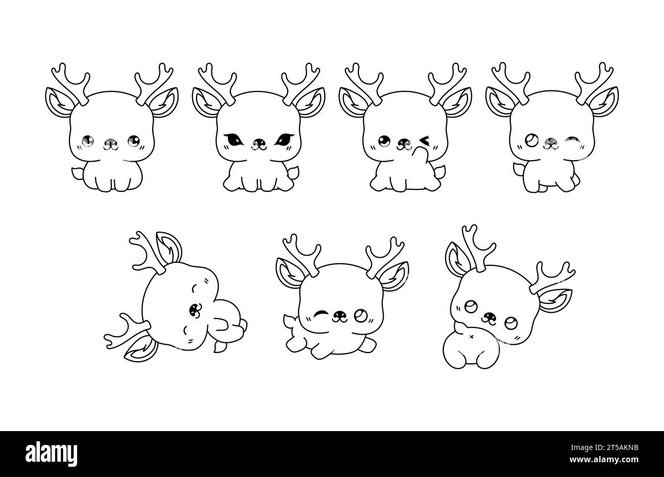 Collection of Vector Cartoon Deer Coloring Page. Set of Kawaii Isolated Forest Animal Outline for Stickers, Baby Shower, Coloring Book, Prints for Stock Vector