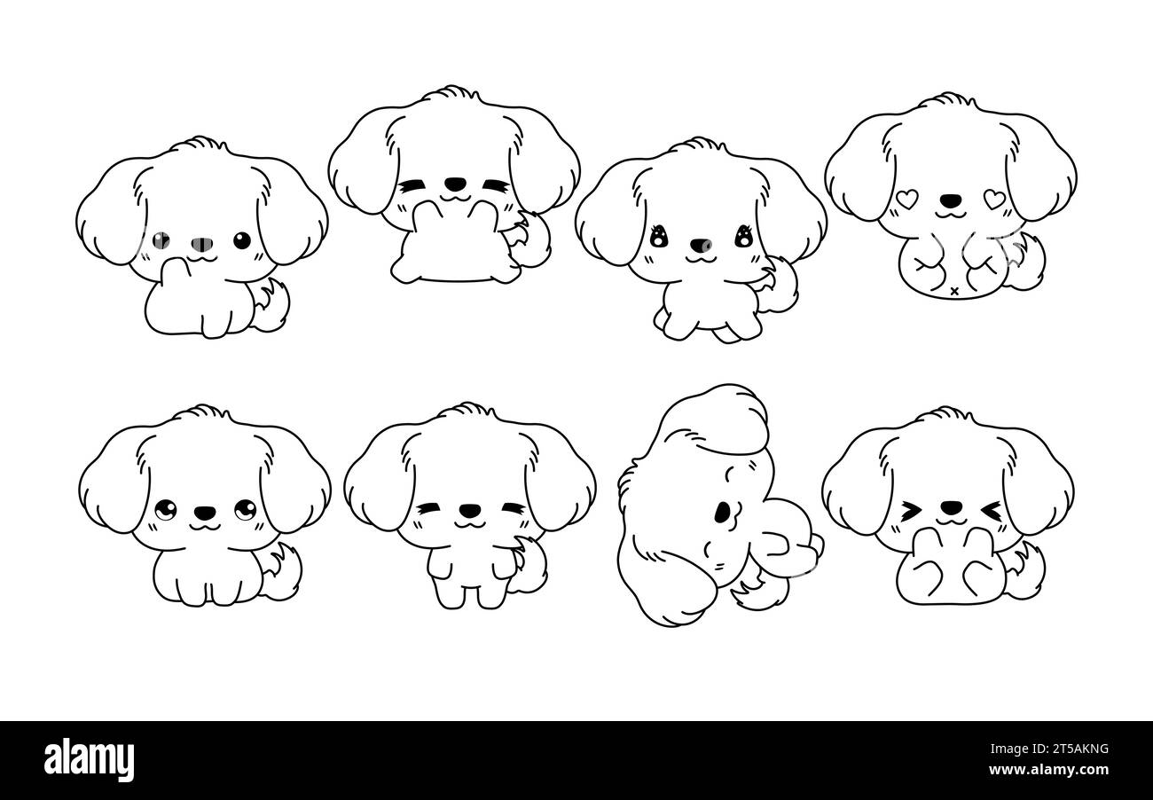Set of Kawaii Isolated Golden Retriever Dog Coloring Page. Collection of Cute Vector Cartoon Animal Outline for Stickers, Baby Shower, Coloring Book Stock Vector
