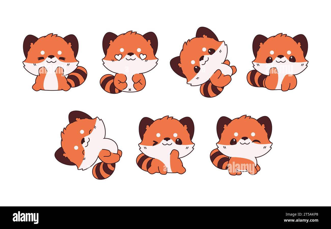 Collection of Vector Cartoon Baby Red Panda Art. Set of Kawaii Isolated