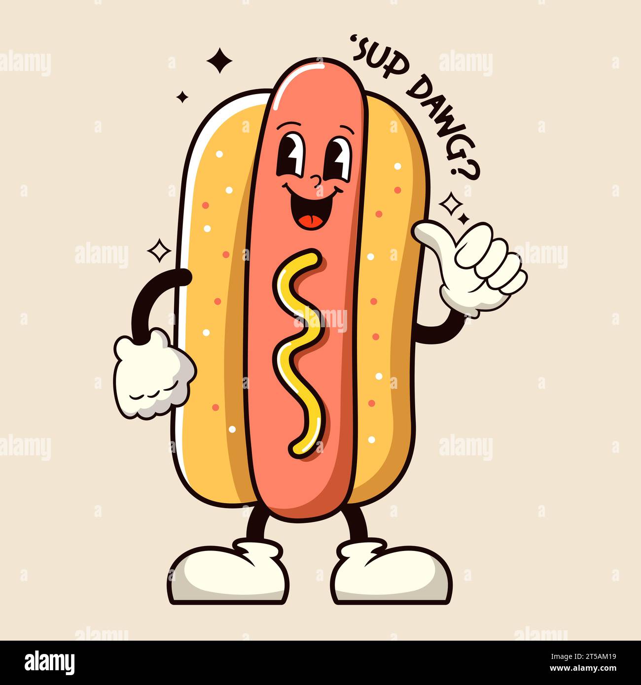 Hot Dog cartoon groovy character. Vector illustration Stock Vector