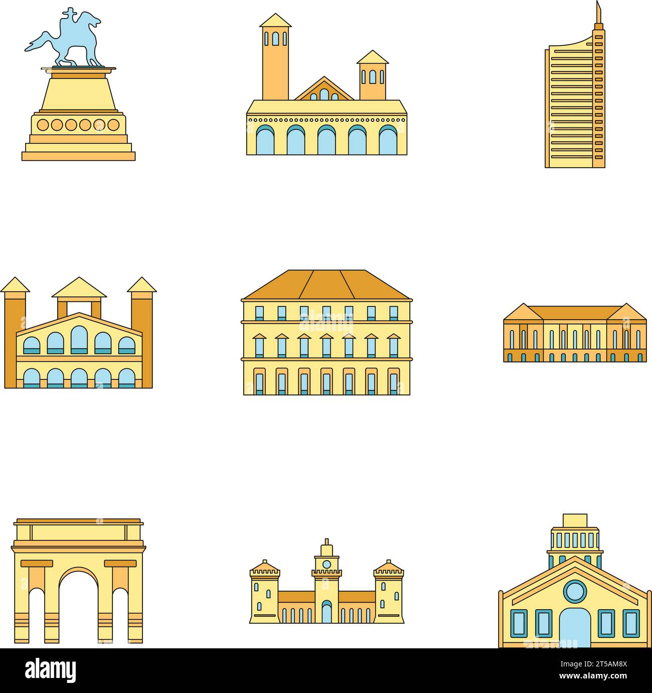 Milan Italy city skyline icons set. Outline illustration of 9 Milan Italy city skyline vector icons thin line color flat on white Stock Vector