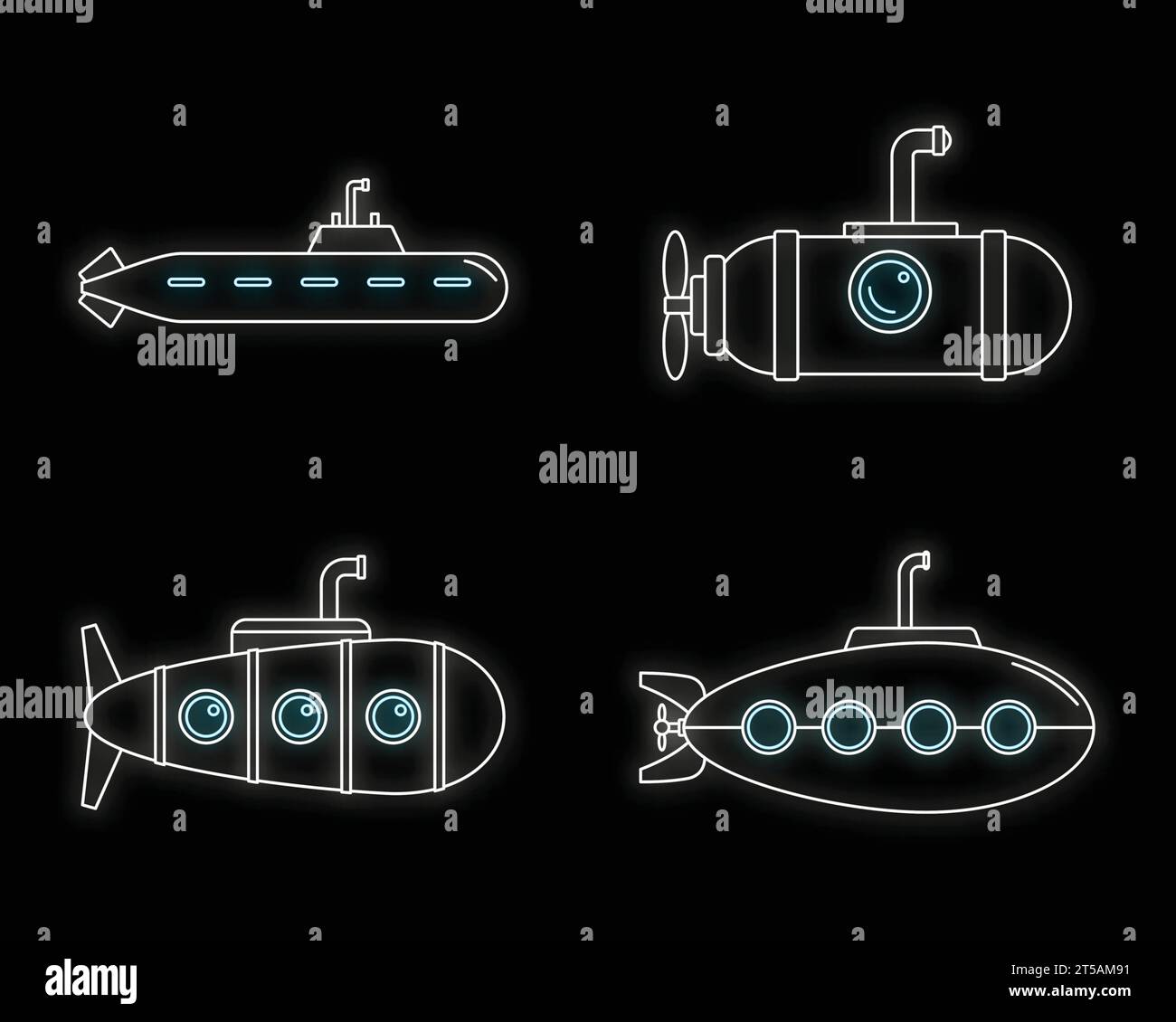 Periscope submarine telescope icons set. Outline illustration of 4 periscope submarine telescope vector icons neon color on black Stock Vector