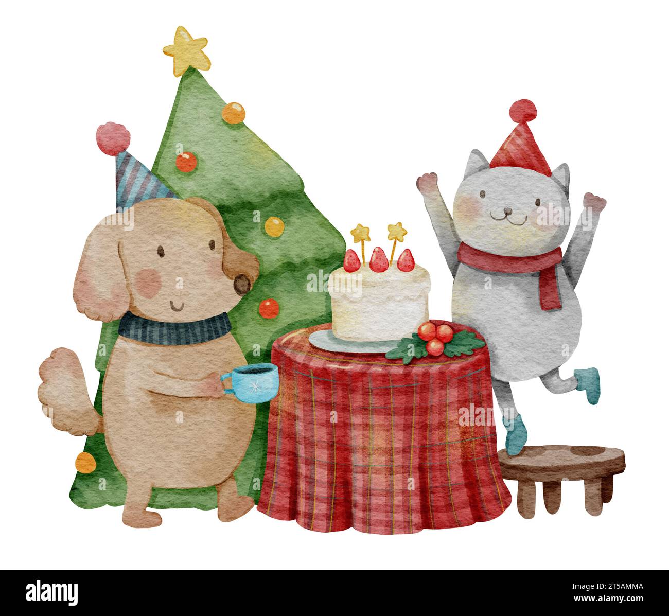 Dog and cat with strawberry cake and pine tree in christmas party . Watercolor paint cartoon characters . White isolate background . X-mas scene set 1 Stock Photo