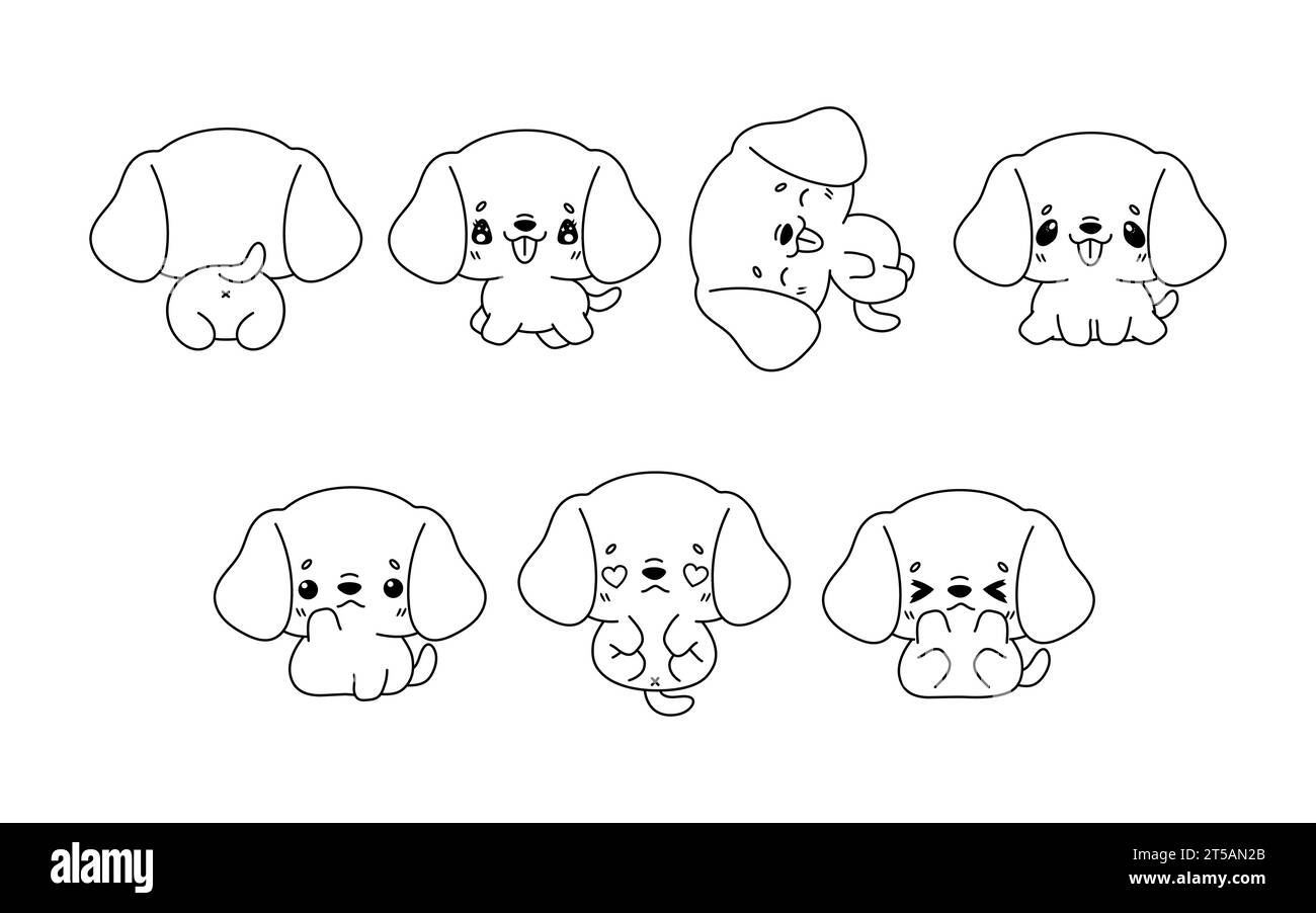 Collection of Vector Cartoon Beagle Dog Coloring Page. Set of Kawaii Isolated Puppy Outline for Stickers, Baby Shower, Coloring Book, Prints for Stock Vector