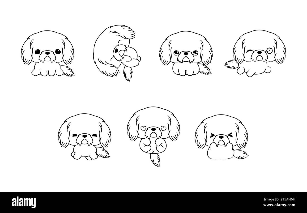 Set of Kawaii Isolated Shih Tzu Puppy Coloring Page. Collection of Cute Vector Cartoon Dog Outline for Stickers, Baby Shower, Coloring Book, Prints Stock Vector