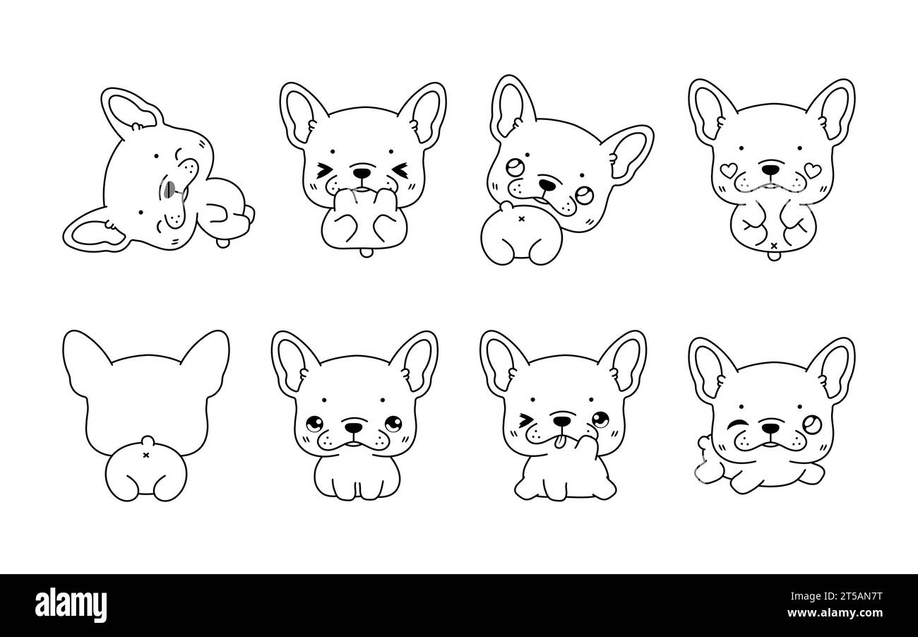Set of Kawaii Isolated French Bulldog Puppy Coloring Page. Collection of Cute Vector Cartoon Animal Outline for Stickers, Baby Shower, Coloring Book Stock Vector