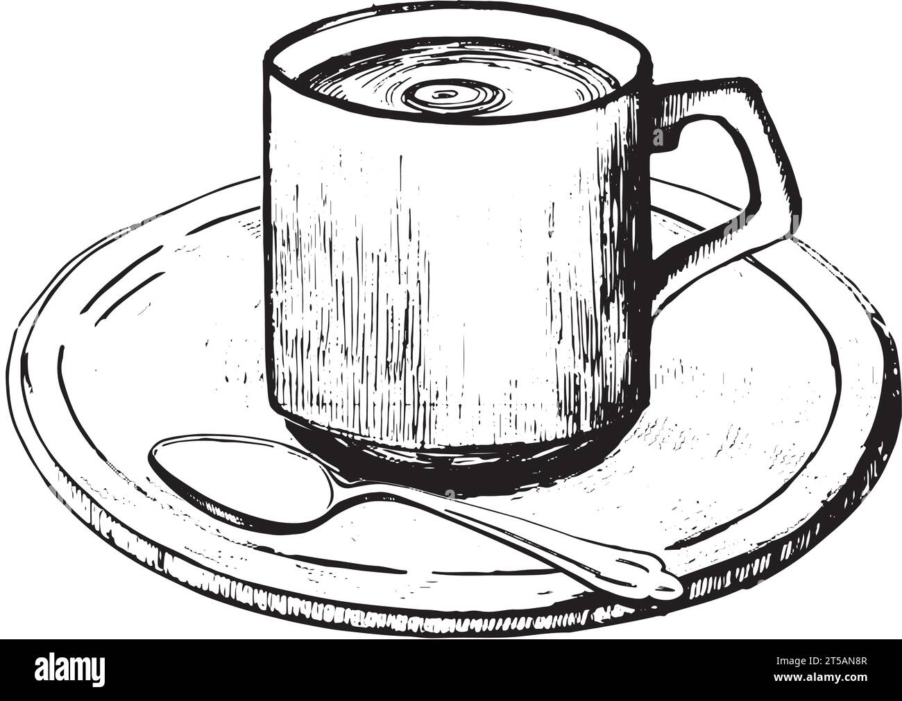 Tea cup with saucer and spoon on a white background, drawn in vector in black. Suitable for printing on fabric and paper, for designing menus Stock Vector