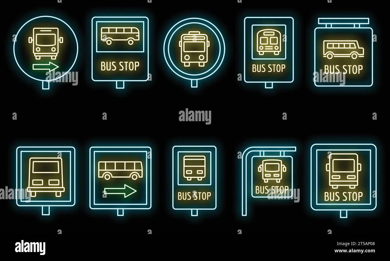 City bus stop sign icon set. Outline set of city bus stop sign vector icons neon color on black Stock Vector