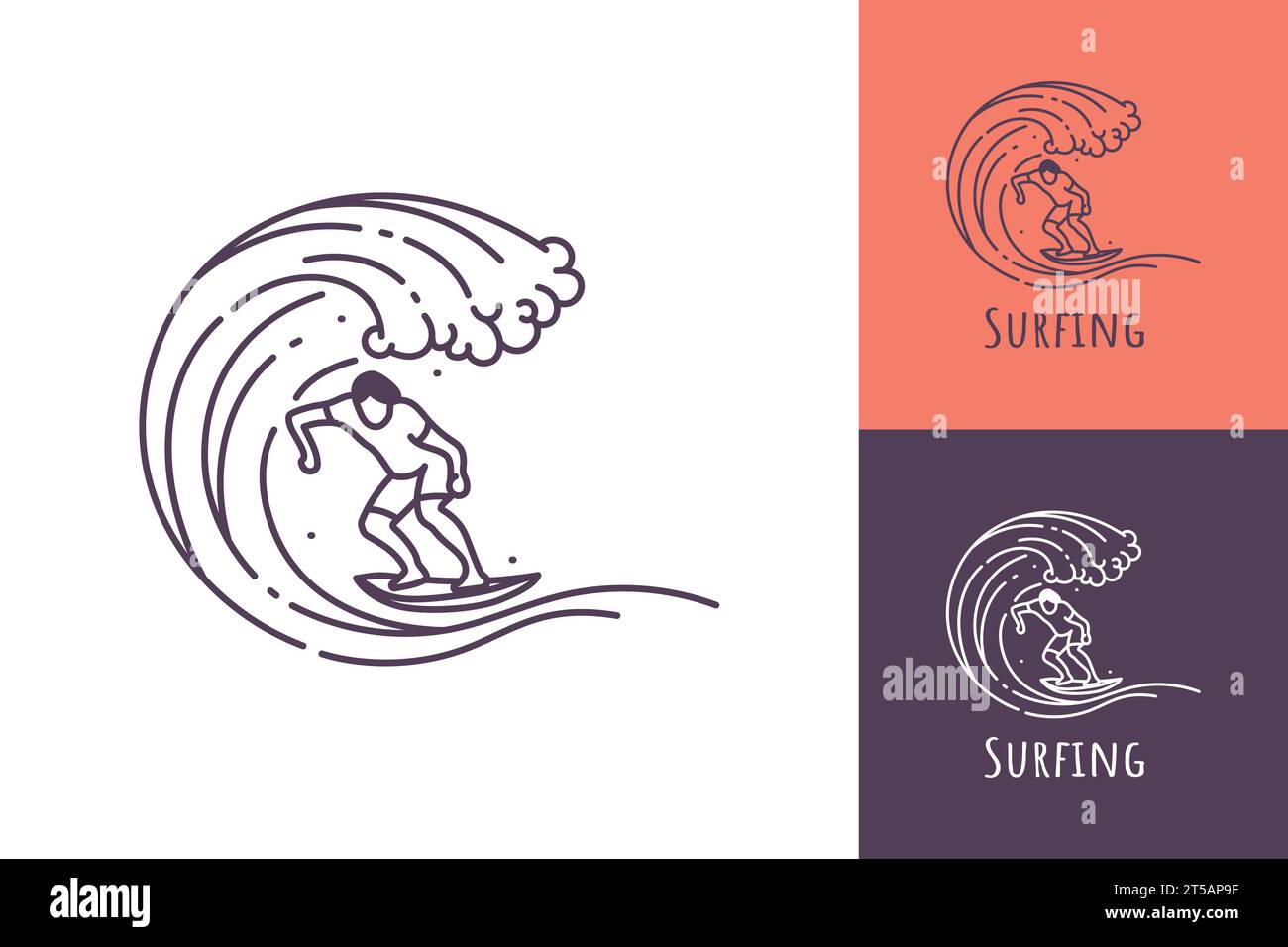 Surfing line art logo of a man surfing in a rolling ocean wave vector ...