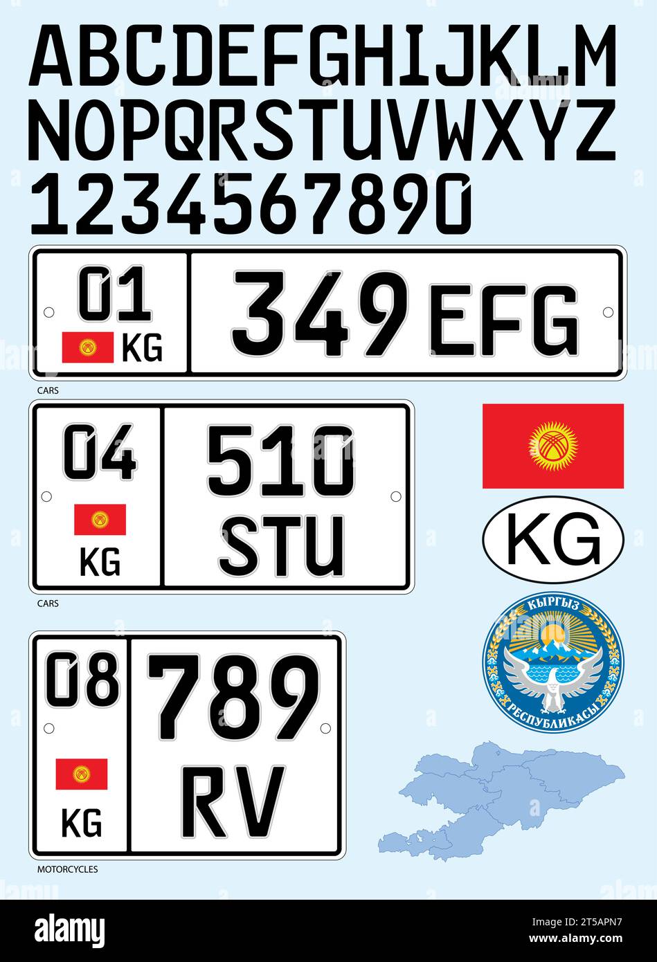 Kyrgyzstan car license plate, letters, numbers and symbols, vector