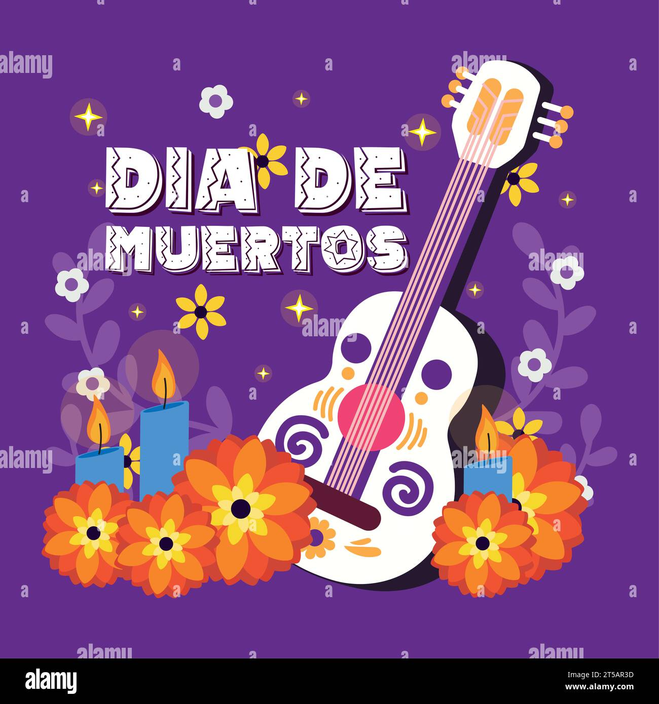 Mexican guitar with flowers Dia de los muertos background Vector Stock