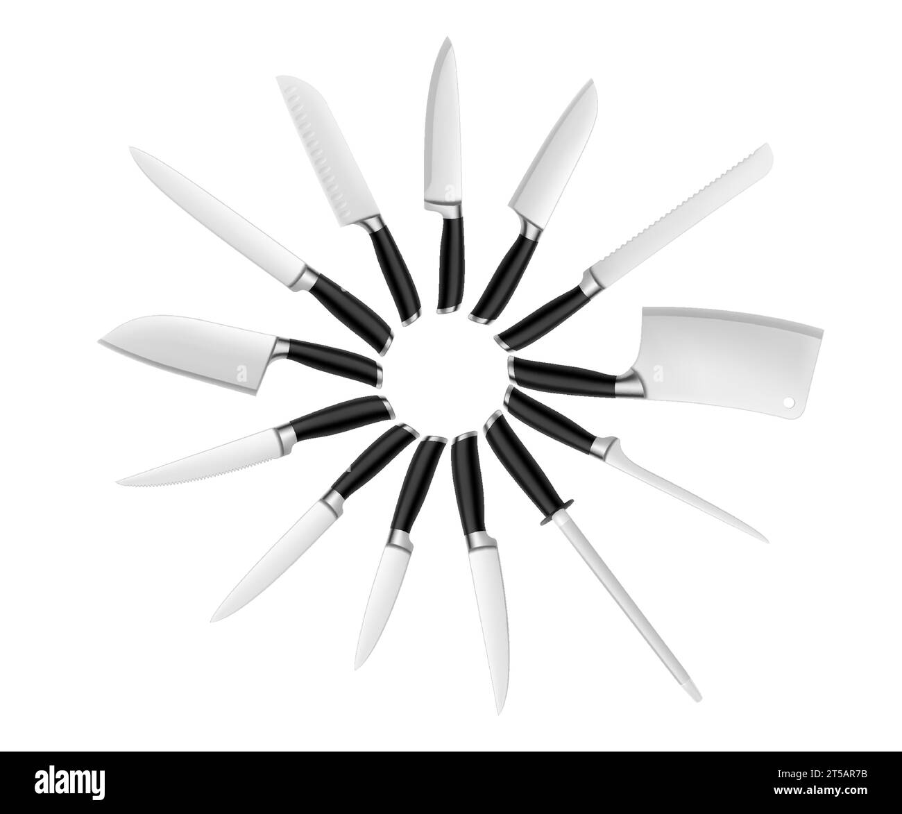 Set of steel kitchen knives isolated on white background. Butcher