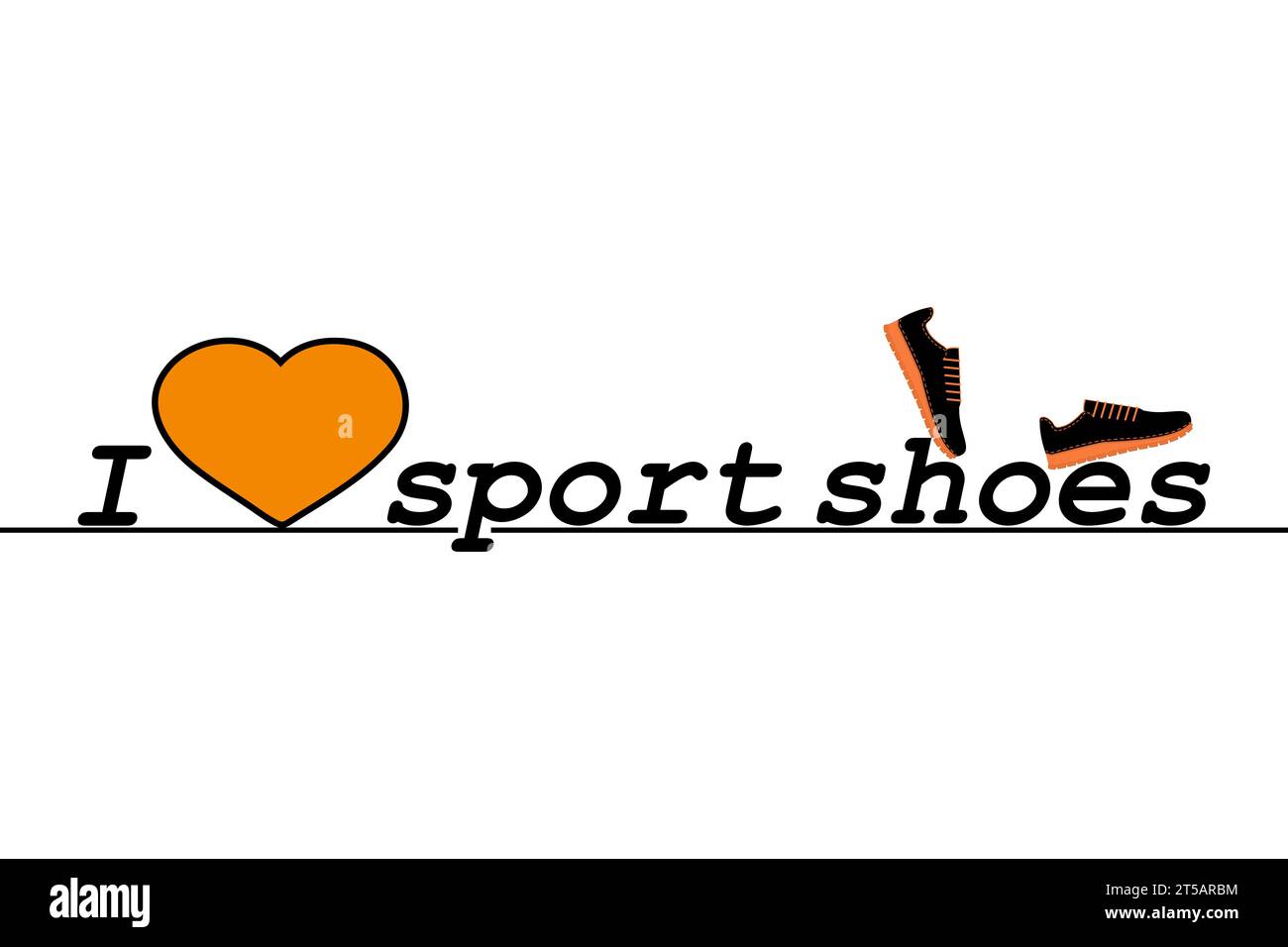 I love sport shoes. Text, slogan. A pair of sneakers, gym shoes and a heart. Isolated vector illustration on white background. Flat style. Stock Vector