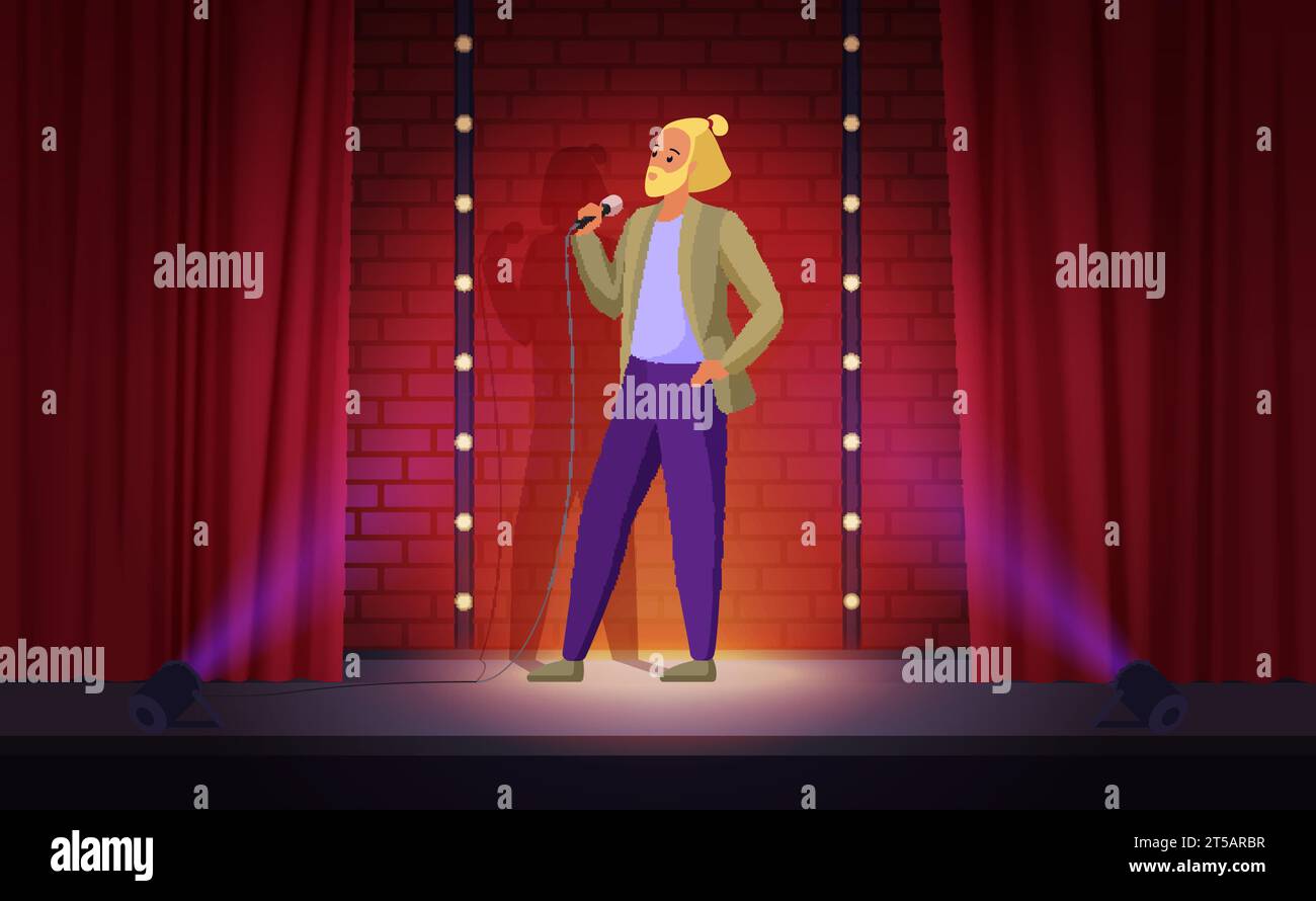 Stand up comedy show on stage with male comedian vector illustration. Cartoon funny man with beard holding microphone to speak, perform jokes, comic person standing in spotlight by red curtains Stock Vector