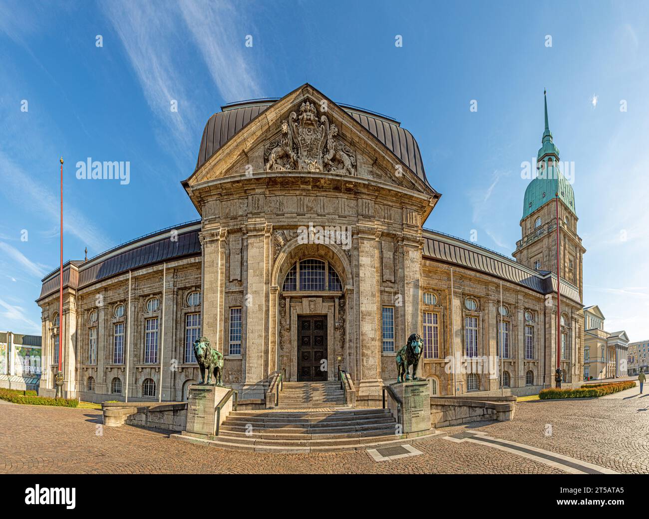Panoramic image of the facade of the Hessian State Museum in the university city of Darmstadt during daytime Stock Photo