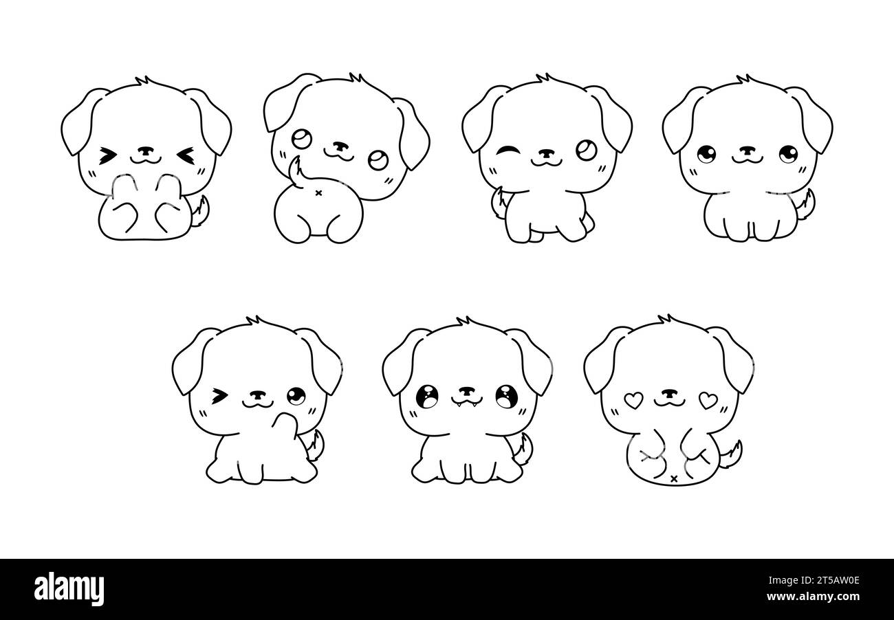 Set of Kawaii Isolated Dog Coloring Page. Collection of Cute Vector Cartoon Rottweiler Dog Outline for Stickers, Baby Shower, Coloring Book, Prints Stock Vector
