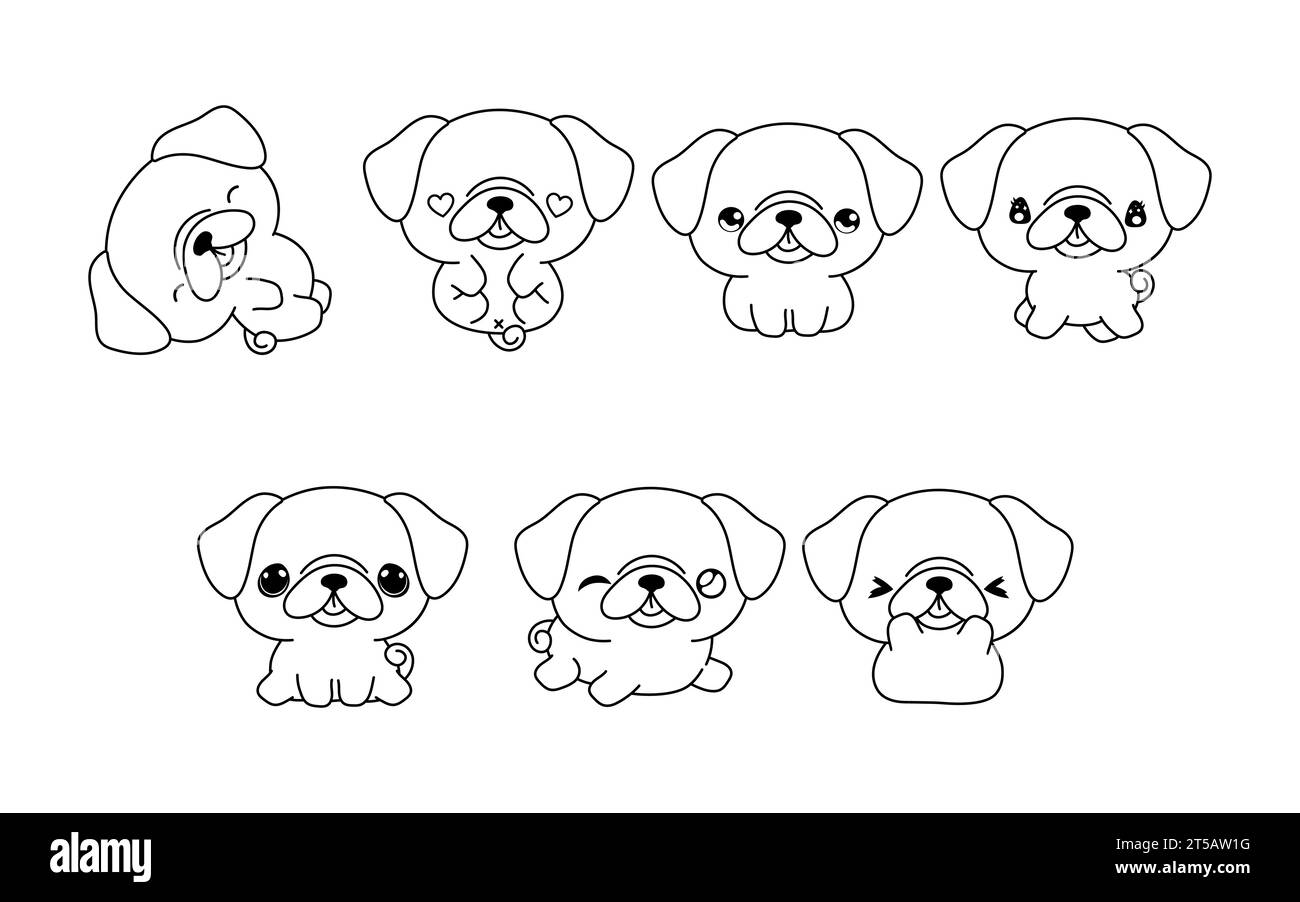 Collection of Vector Cartoon Pug Dog Coloring Page. Set of Kawaii Isolated Puppy Outline for Stickers, Baby Shower, Coloring Book, Prints for Clothes Stock Vector