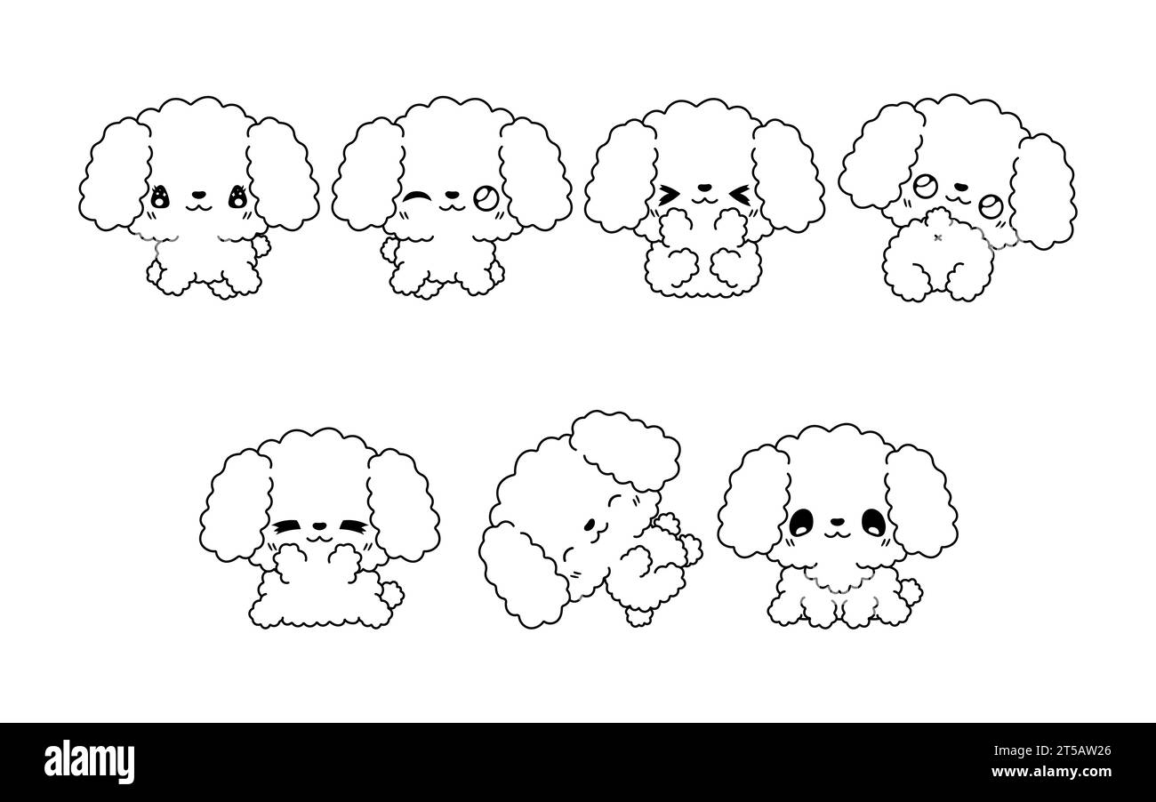 Collection of Vector Cartoon Poodle Dog Coloring Page. Set of Kawaii Isolated Dog Outline for Stickers, Baby Shower, Coloring Book, Prints for Clothes Stock Vector