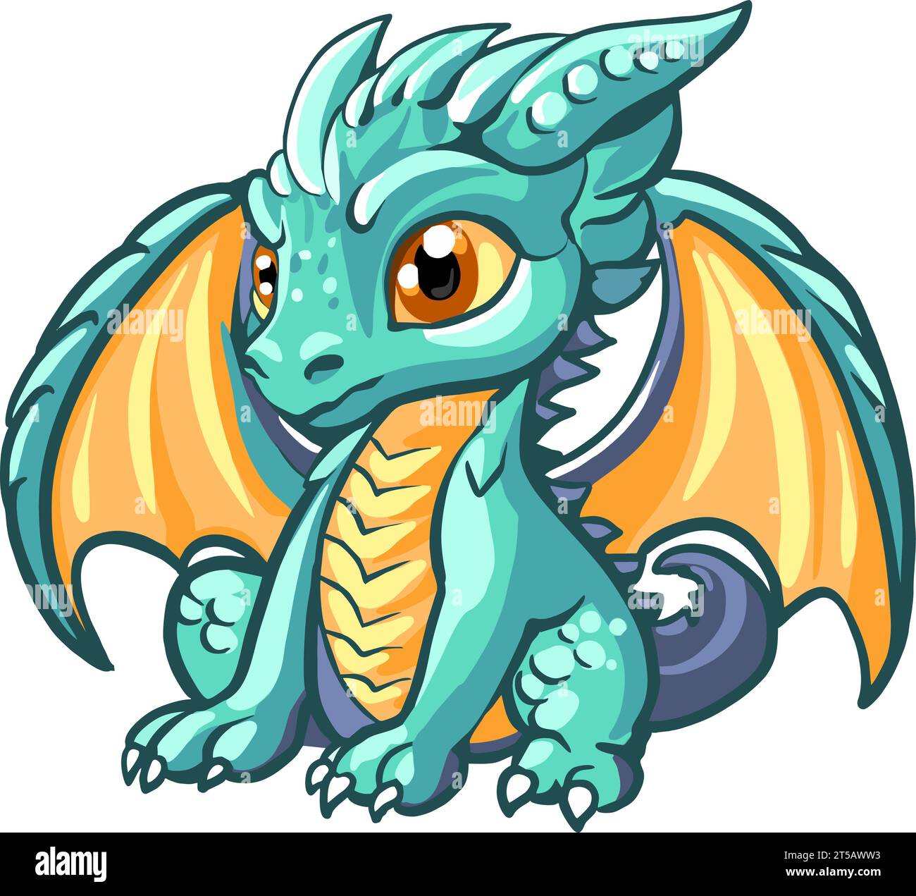 Cartoon Sitting dragon, cute little dragon, cute little blue dragon