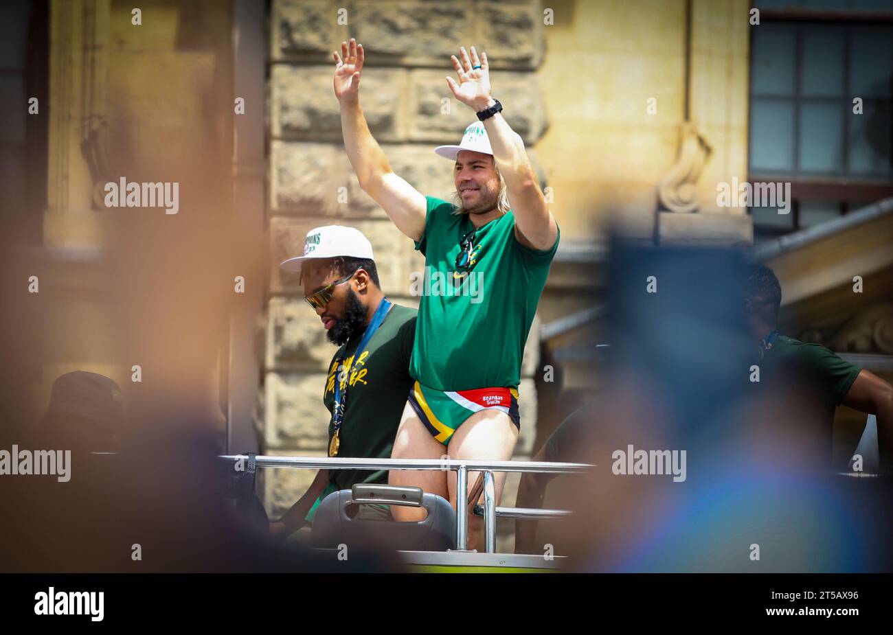 CAPE TOWN, SOUTH AFRICA - NOVEMBER 03: Faf de Klerk, scrum half, in his famous underpants during the Springbok Trophy tour in Cape Town on November 03, 2023 in Cape Town, South Africa. The Springboks beat the New Zealand All Blacks 12-11 to win the Rugby World Cup in Paris, France on Saturday 28 October 2023. (Photo by Roger Sedres) Stock Photo