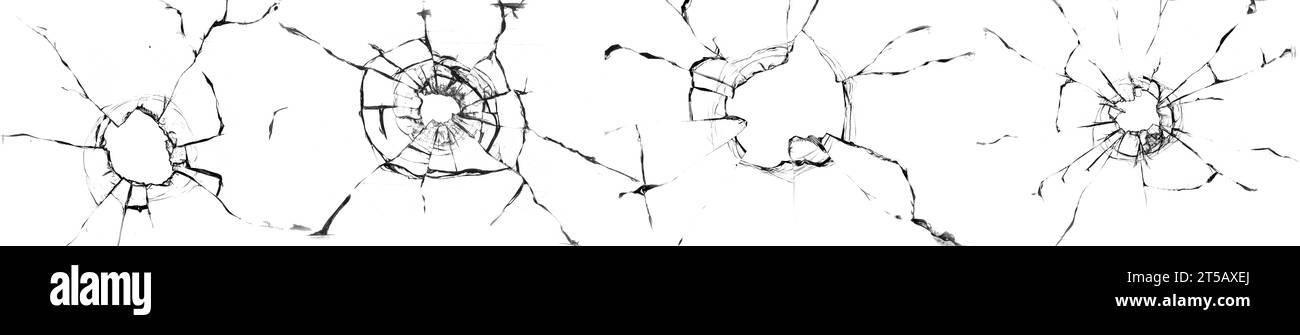 Big collection of cracks of broken glass on black background. Concept of shots on the window for design Stock Photo
