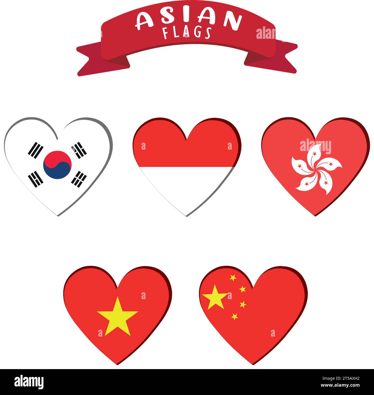 Set of heart shapes with different asian flags Vector Stock Vector