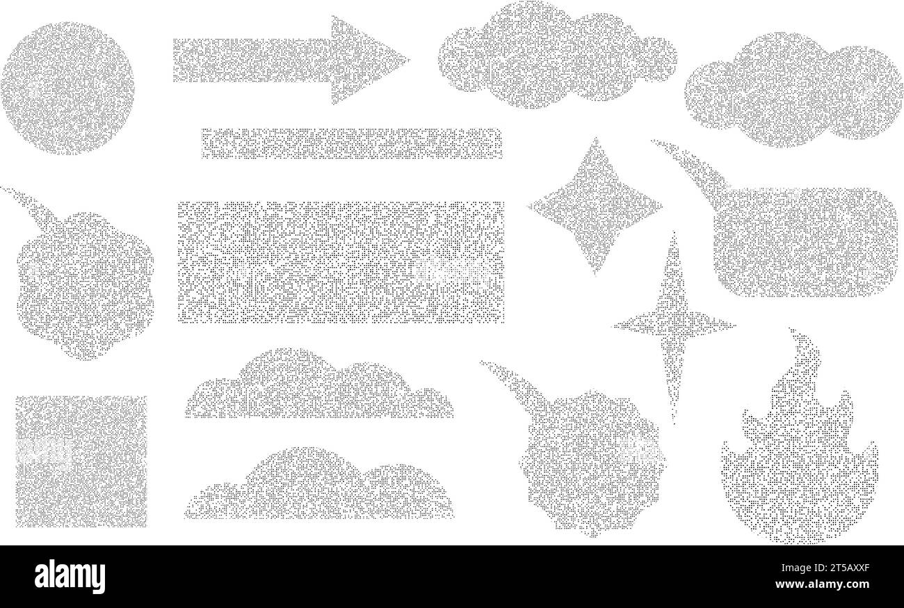 Collection of different sand texture icons. Geometric shapes and symbols with grainy noise effect. Grunge star, heart, arrow, square, fire, rectangle, Stock Vector