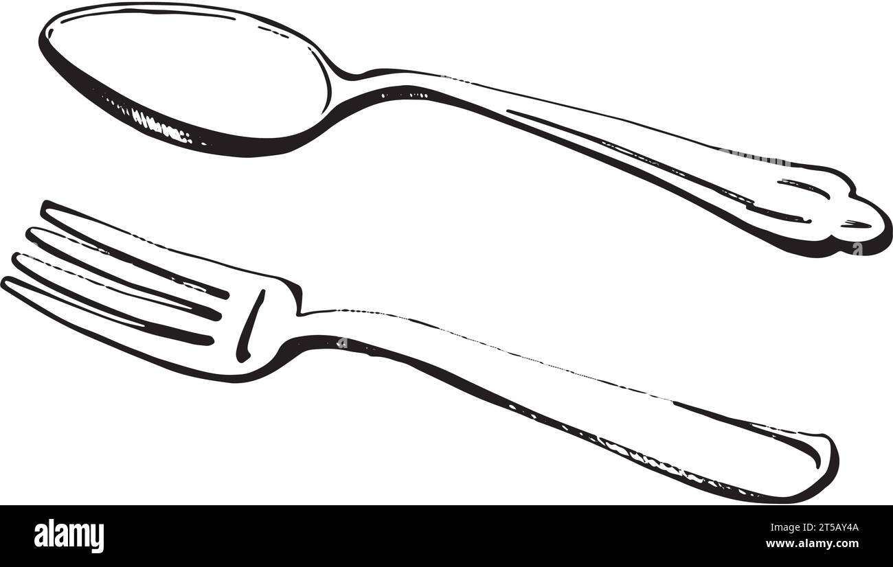 Set of vector illustrations. Fork, teaspoon drawn in black in vector on a white background. Suitable for printing on fabric, paper, for creativity Stock Vector