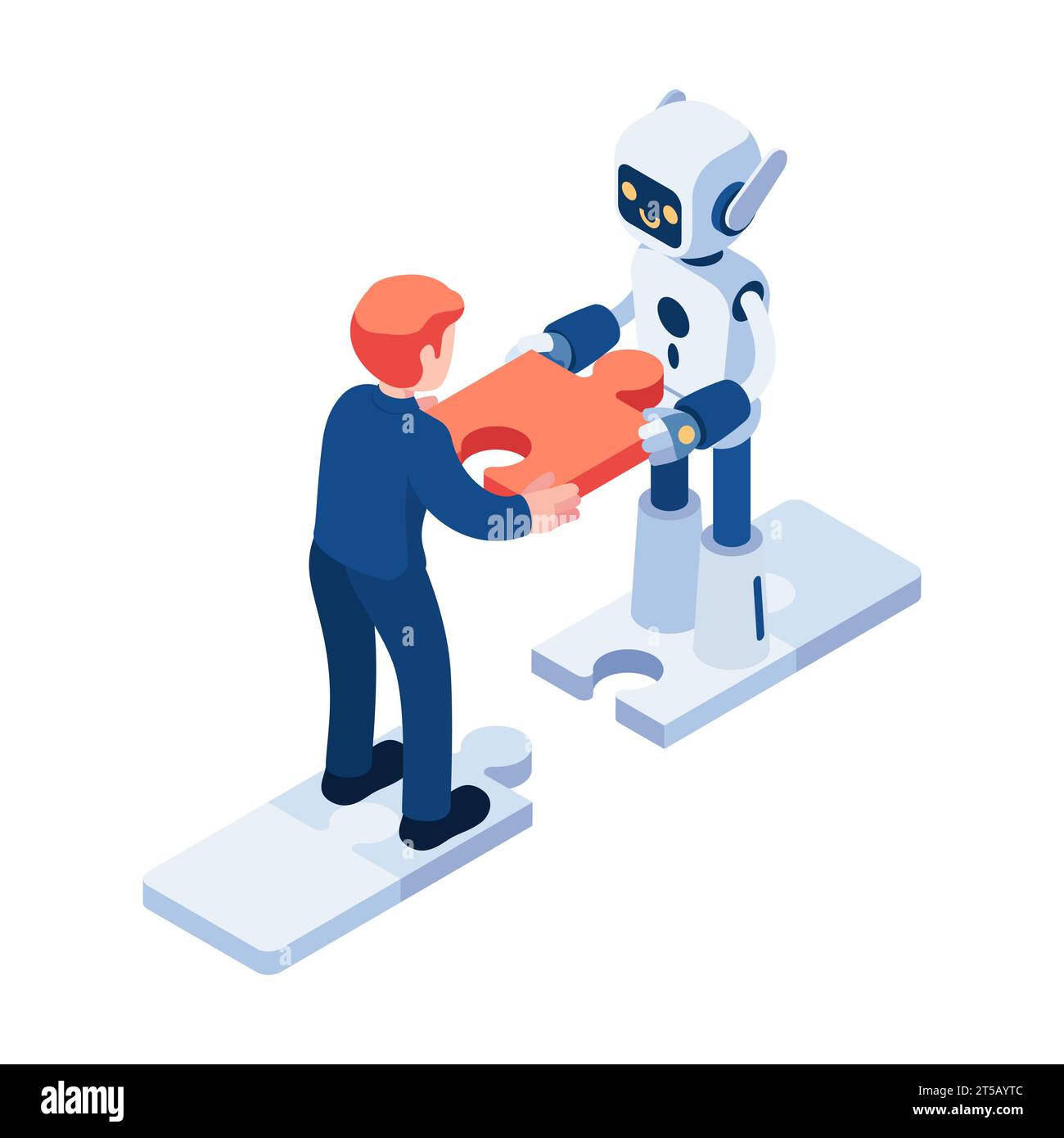 Flat 3d Isometric Businessman and AI Robot Assembly Jigsaw Together ...
