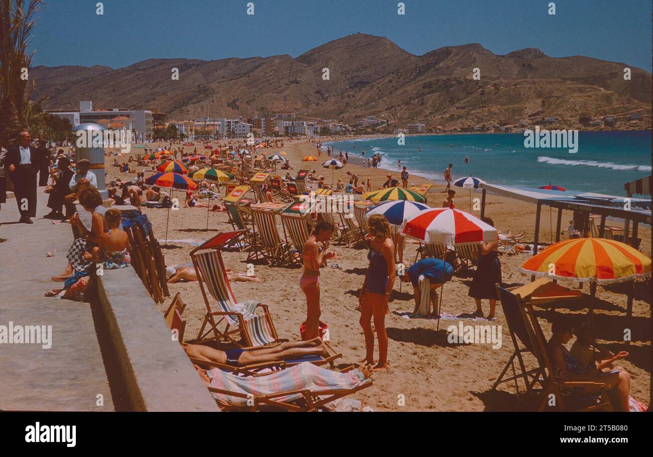 Benidorm beach in 1960. At this time, Benidorm was in its fledgling stage as a tourist destination. There were only 4 or 5 hotels there in 1960; by the end of the decade, there were over 50. And bikinis worn on beaches had only just become permissible. Stock Photo