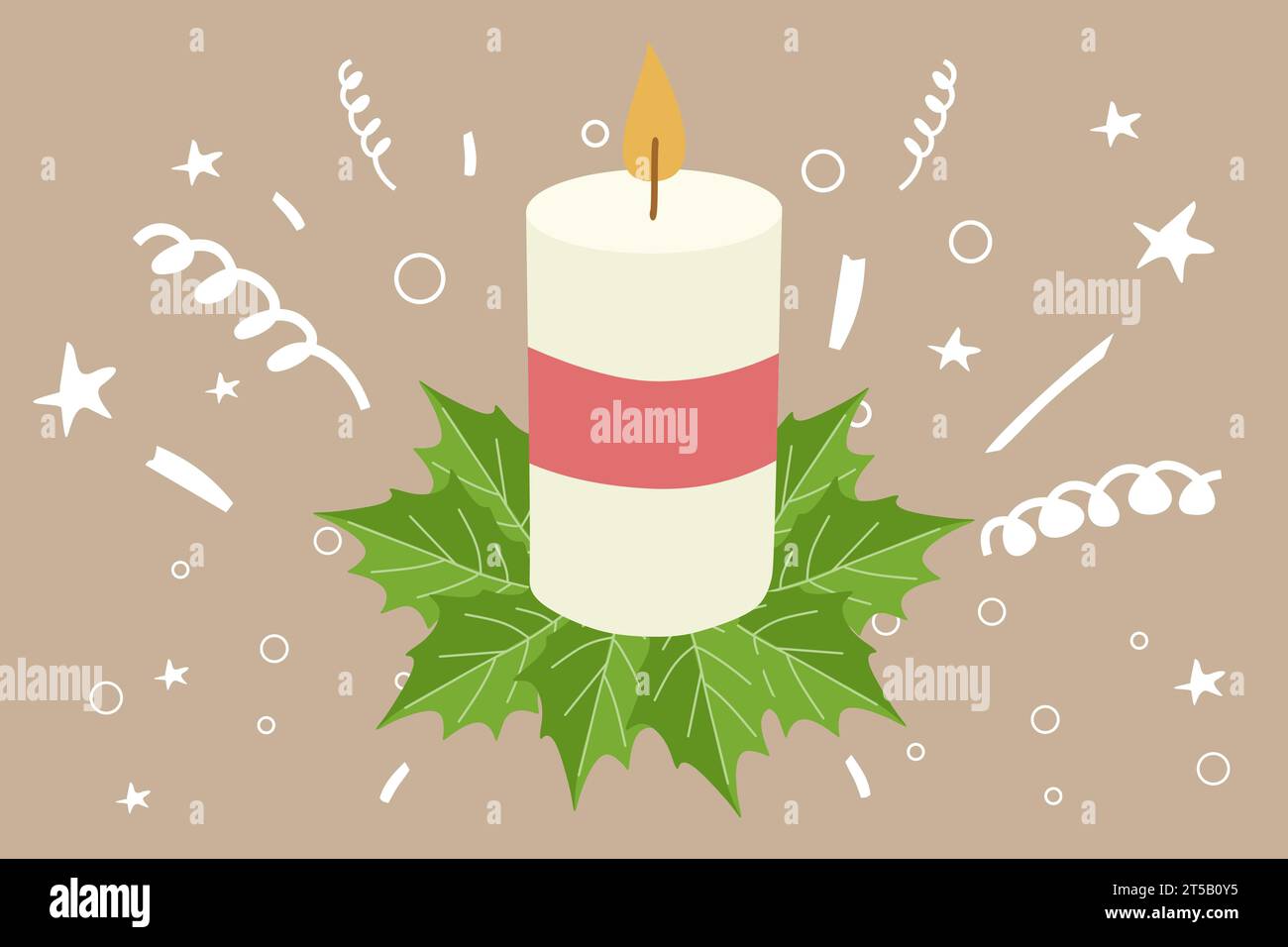 Christmas Candle With Ribbon and Holly Leaves. Vector Candlelight Flat illustration. Decorative Holiday element with fireworks and Stars. Religious Ho Stock Vector